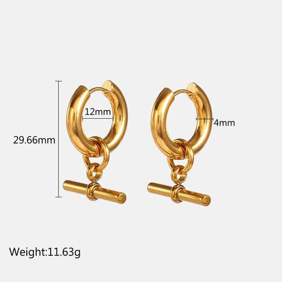 Trendy Chic T Bar Hoop Earrings 18K Gold Plated Stainless Steel - Picture 7 of 7